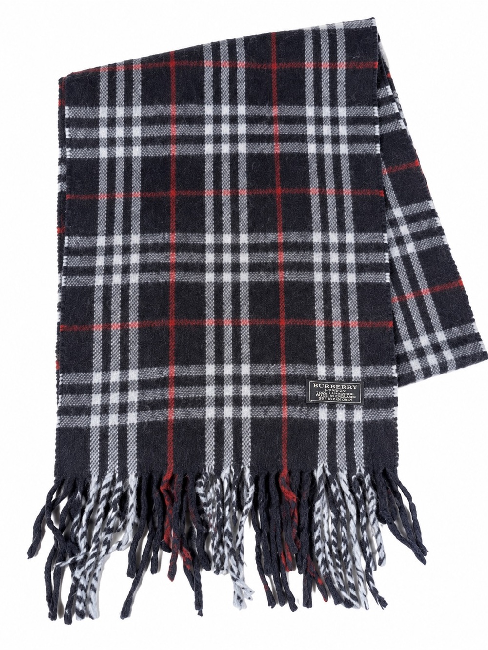 Burberry Vintage 100% Lambswool Navy Blue Gray & Red Plaid Fringe Scarf